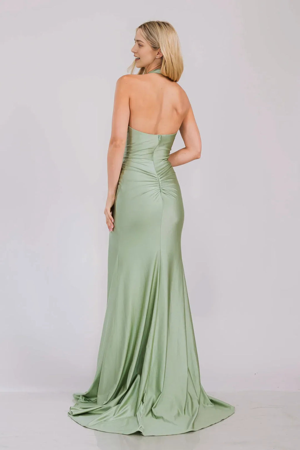 Sage Green Halter - Neck Prom Dress with Ruched Detailing High Side Slit and Mermaid Silhouette for Formal Occasions