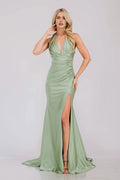 Sage Green Halter - Neck Prom Dress with Ruched Detailing High Side Slit and Mermaid Silhouette for Formal Occasions