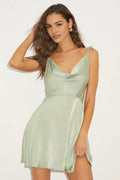 Sage Green Homecoming Dress with Cowl Neckline Spaghetti Straps Flowy Fit Perfect for Memorable School Dances