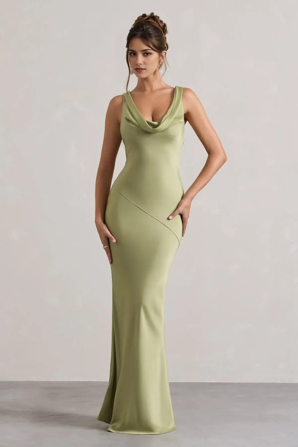 Sage Green Mermaid Prom Dresses with Cowl Neckline and Asymmetric Seam Detail for a Sophisticated Evening Look