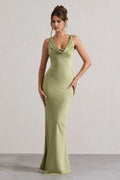 Sage Green Mermaid Prom Dresses with Cowl Neckline and Asymmetric Seam Detail for a Sophisticated Evening Look
