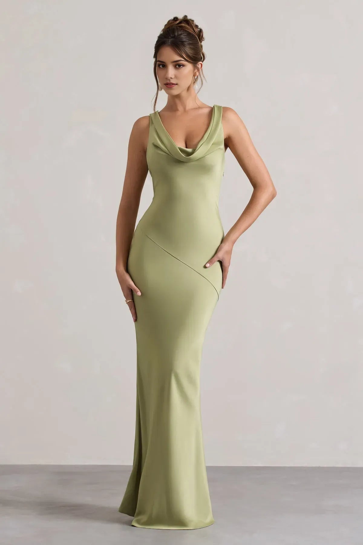 Sage Green Mermaid Prom Dresses with Cowl Neckline and Asymmetric Seam Detail for a Sophisticated Evening Look