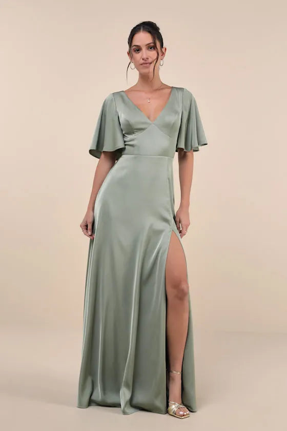 Sage Green Prom Dress with Flutter Sleeves Plunging V Neckline Figure Hugging Fit and High Thigh Side Slit for Formal Occasions