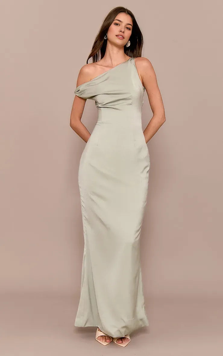 Sage Green Sheath One-Shoulder Sleeveless Back Slit Ankle-Length Prom Dresses