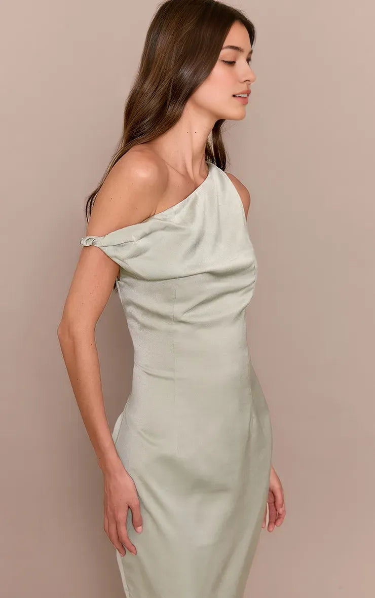 Sage Green Sheath One-Shoulder Sleeveless Back Slit Ankle-Length Prom Dresses