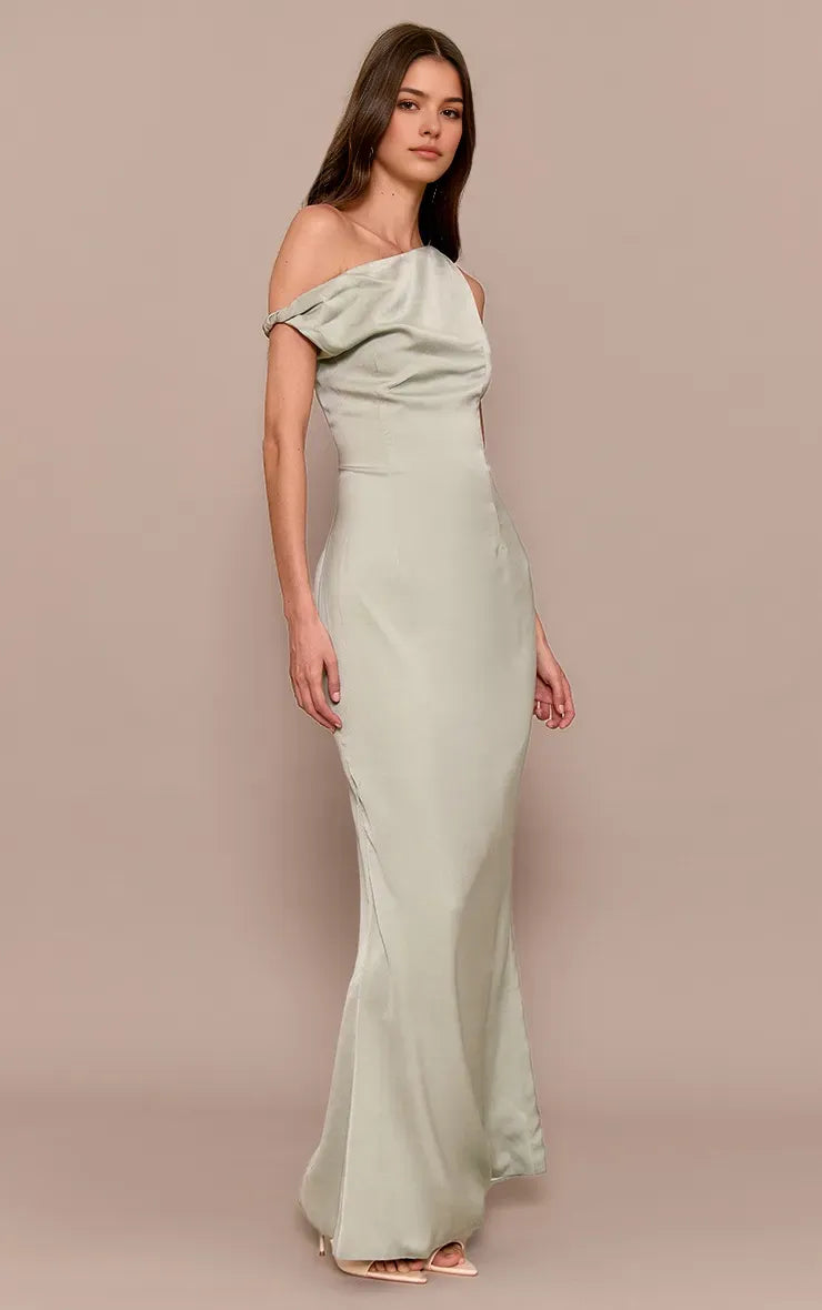 Sage Green Sheath One-Shoulder Sleeveless Back Slit Ankle-Length Prom Dresses