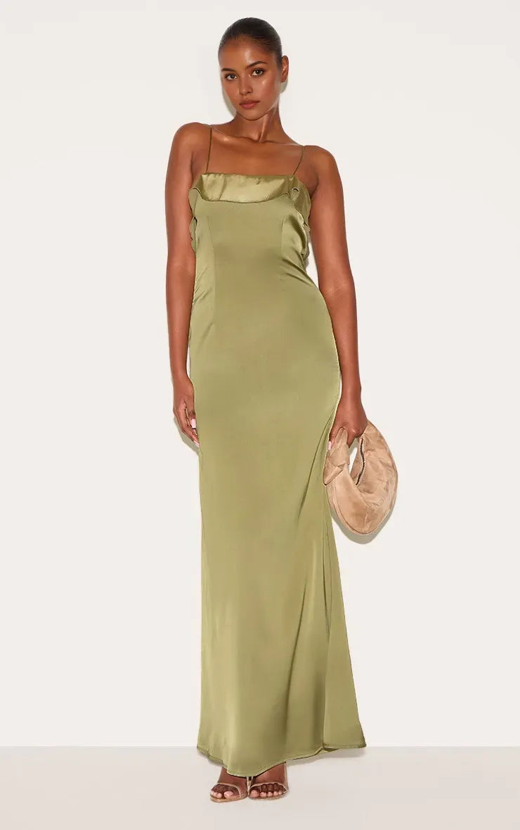 Sage Green Sheath Spaghetti-Strap Sleeveless Draped Ruffled Backless Ankle-Length Prom Dresses