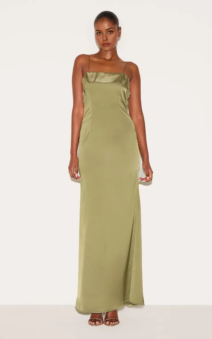 Sage Green Sheath Spaghetti-Strap Sleeveless Draped Ruffled Backless Ankle-Length Prom Dresses