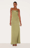 Sage Green Sheath Spaghetti-Strap Sleeveless Draped Ruffled Backless Ankle-Length Prom Dresses