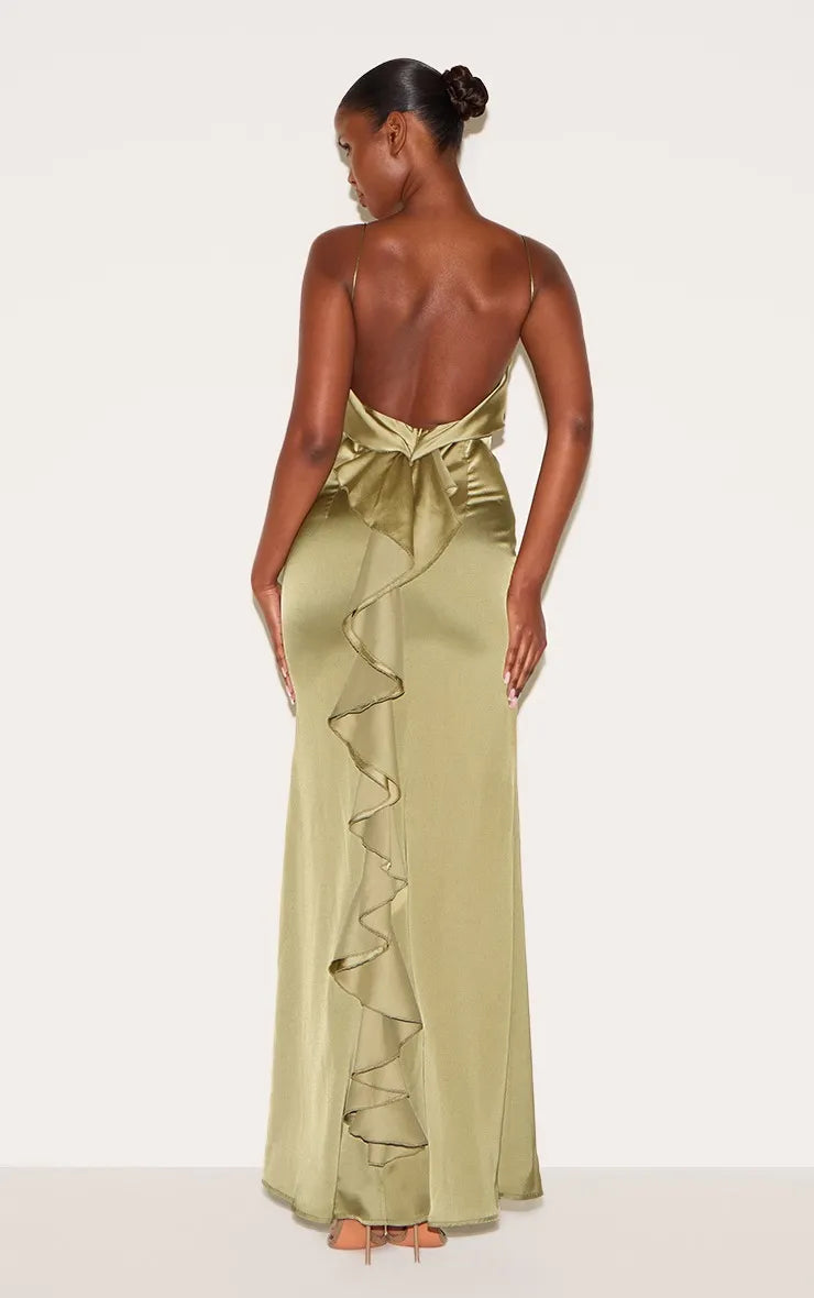 Sage Green Sheath Spaghetti-Strap Sleeveless Draped Ruffled Backless Ankle-Length Prom Dresses