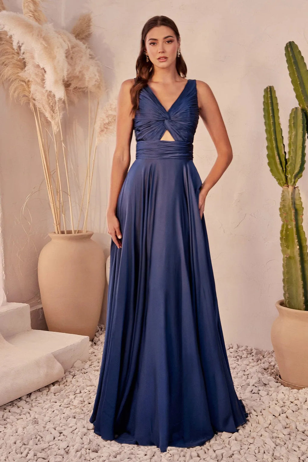 Sage Green Sleeveless Prom Gown with Twisted Cut Out Bodice and Flowy Skirt for Formal Occasions
