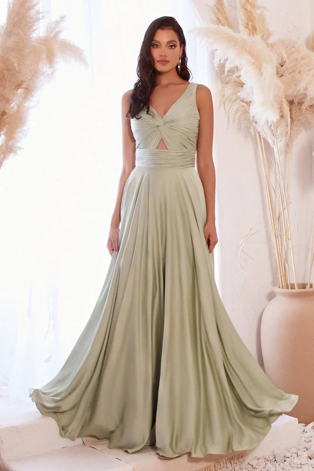 Sage Green Sleeveless Prom Gown with Twisted Cut Out Bodice and Flowy Skirt for Formal Occasions
