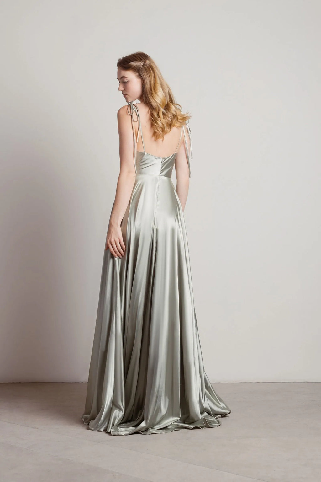 Sage Sheath Cowl Neck Spaghetti-Strap Back Zip High Side Slit Floor-Length
