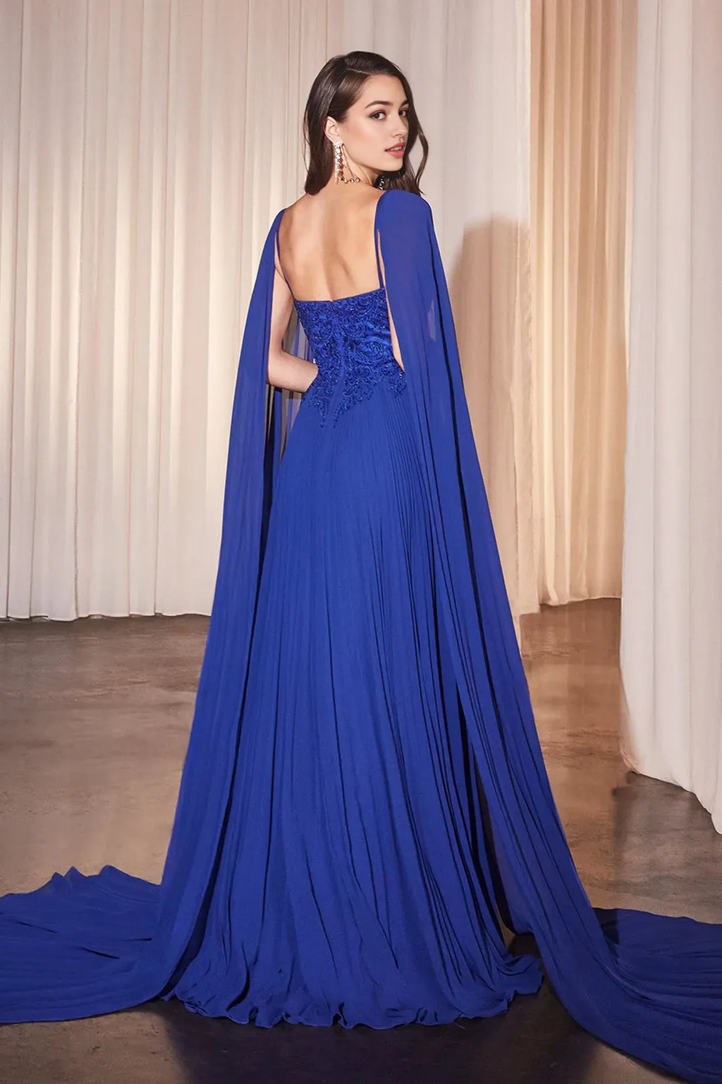 Blue Sapphire Evening Gown with Top Sheer Cape Overlay and Flowy Pleats for Prom Nights