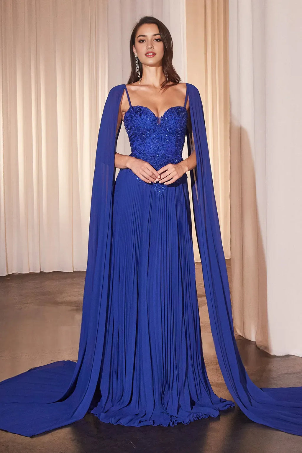 Blue Sapphire Evening Gown with Top Sheer Cape Overlay and Flowy Pleats for Prom Nights