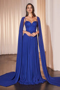 Blue Sapphire Evening Gown with Top Sheer Cape Overlay and Flowy Pleats for Prom Nights