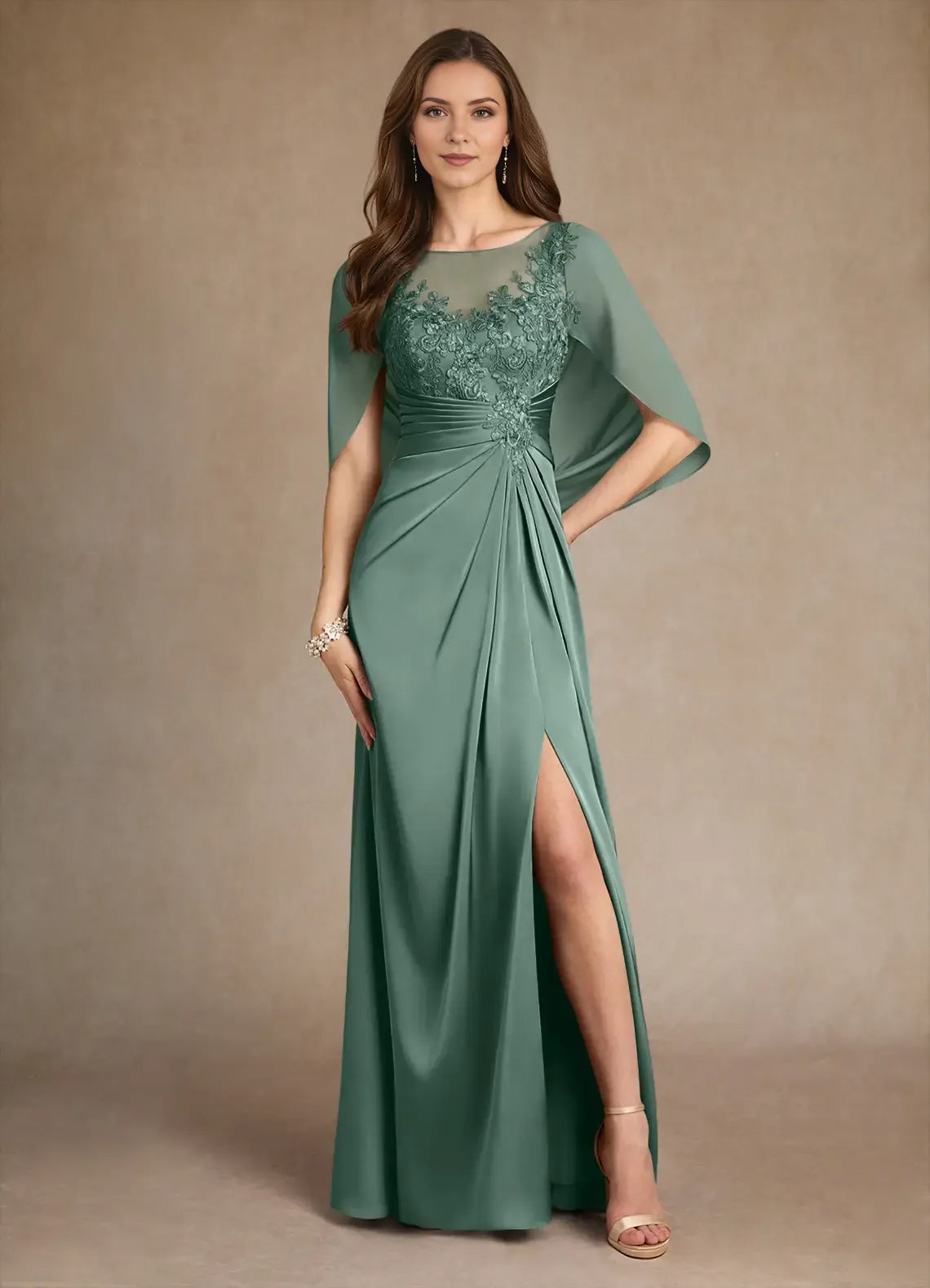 A-Line Round Neck Cape Sleeve Pleated Back Zip Side Leg Slit Floor - Length Prom Dresses