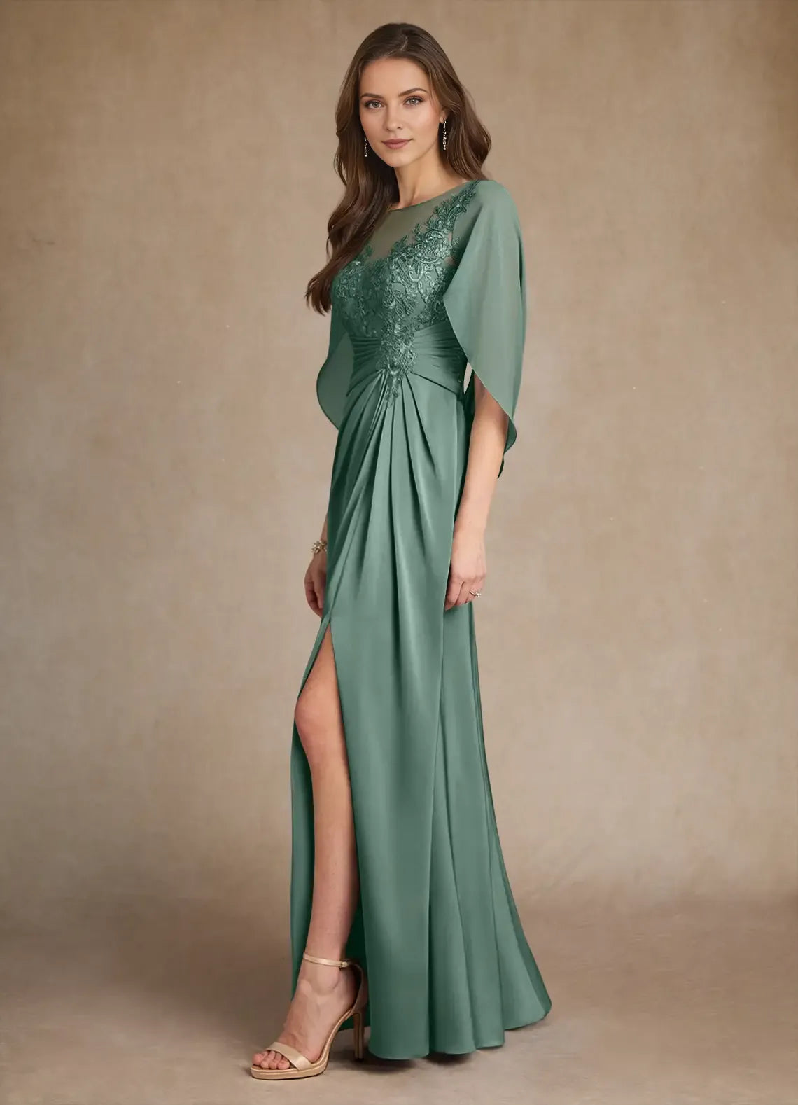 A-Line Round Neck Cape Sleeve Pleated Back Zip Side Leg Slit Floor - Length Prom Dresses