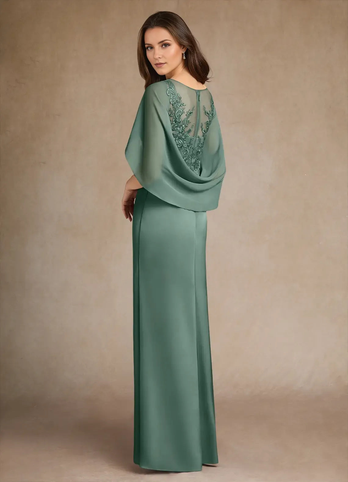 A-Line Round Neck Cape Sleeve Pleated Back Zip Side Leg Slit Floor - Length Prom Dresses