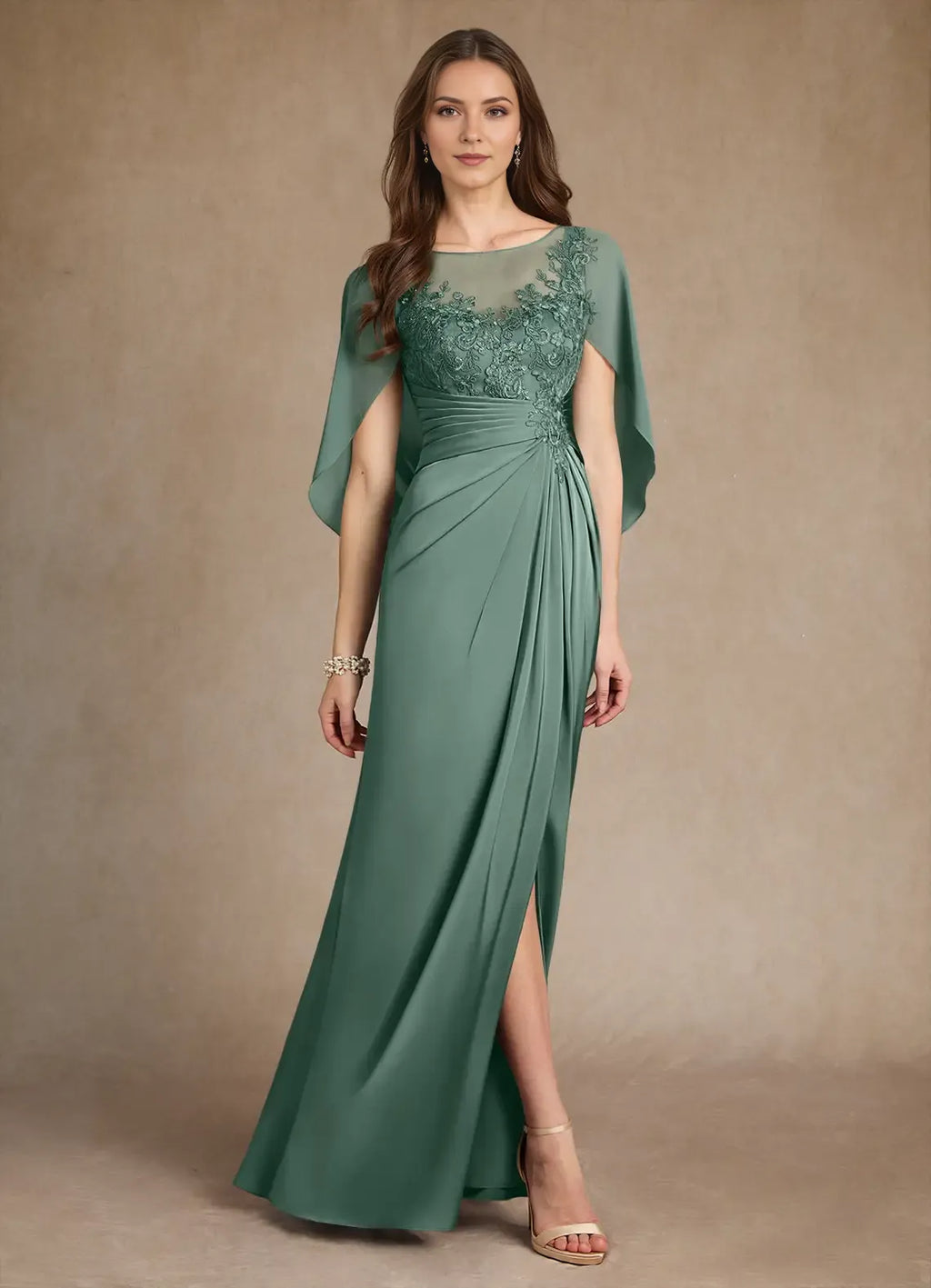 A-Line Round Neck Cape Sleeve Pleated Back Zip Side Leg Slit Floor - Length Prom Dresses