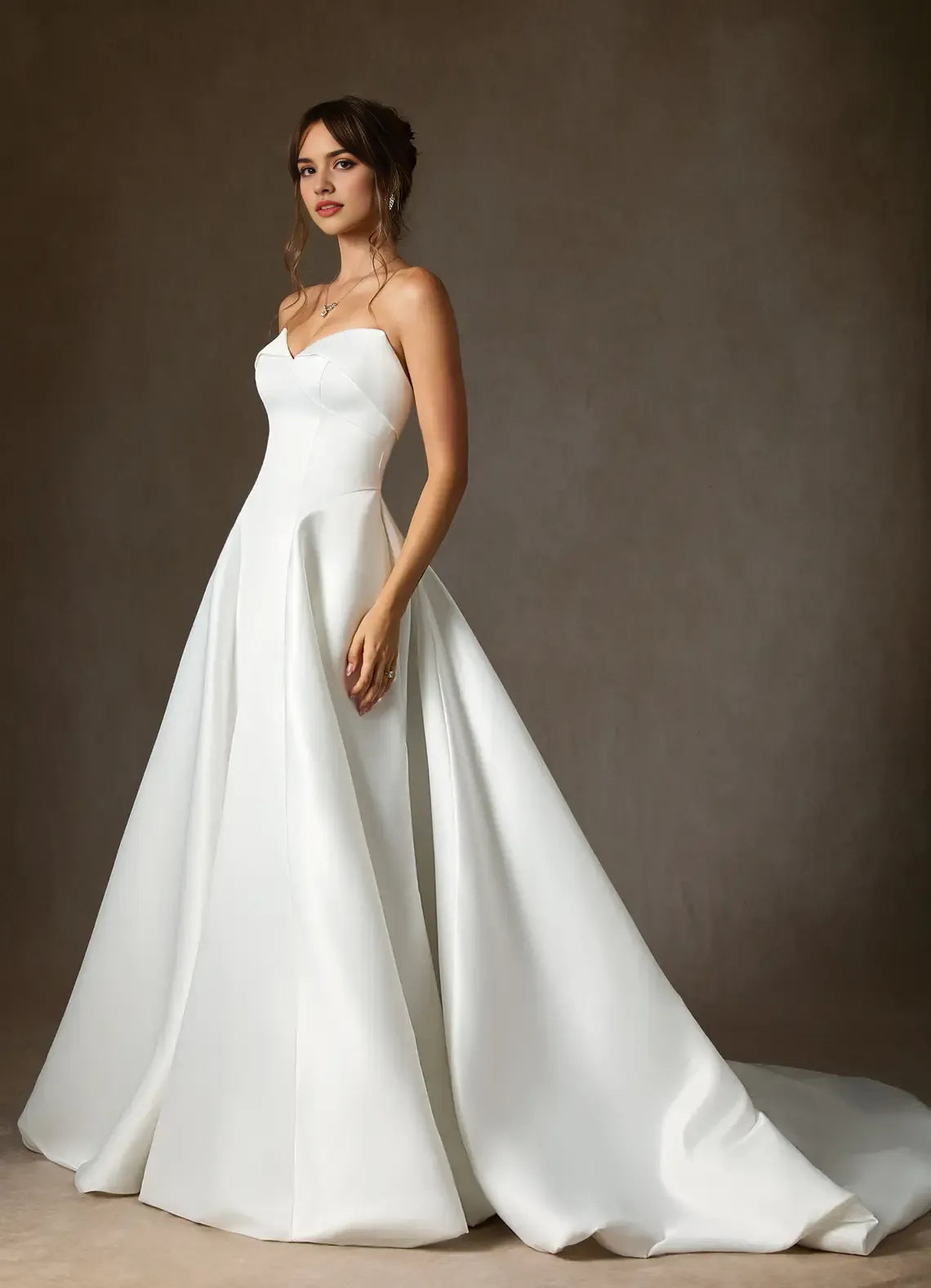A-Line Wedding Dress Strapless Sweetheart Neck Structured Silhouette Subtle Volume Floor Length Train Ideal for Formal Bridal Looks