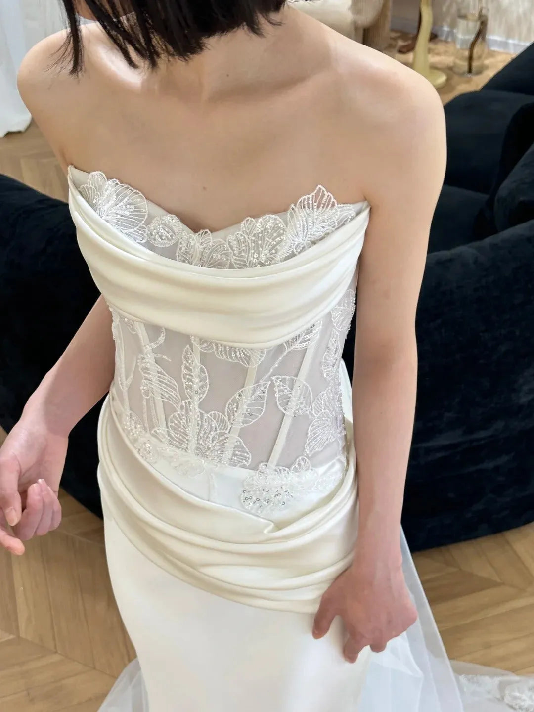Mermaid Wedding Dress with Strapless Draped Neckline Sheer Corset Detachable