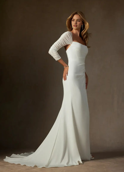 Luxurious Slit Mermaid Strapless Classic-Sleeve Classic-Back Floor-Length Wedding Dress