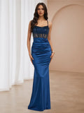 Navy Prom Gown Sheer Top Ruched Skirt for Sophisticated Evenings
