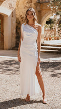 White Prom Gown One - Shoulder Design Side Slit Ruched Detailing Perfect Maxi Dress for Proms Galas and Evening Celebrations