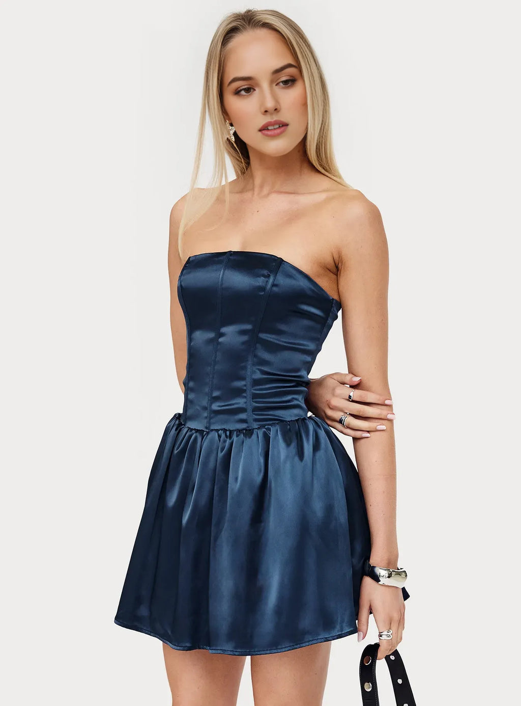 Navy Blue Strapless Homecoming Dress Flattering Fit Flare Silhouette for a Glamorous Dance Night Look