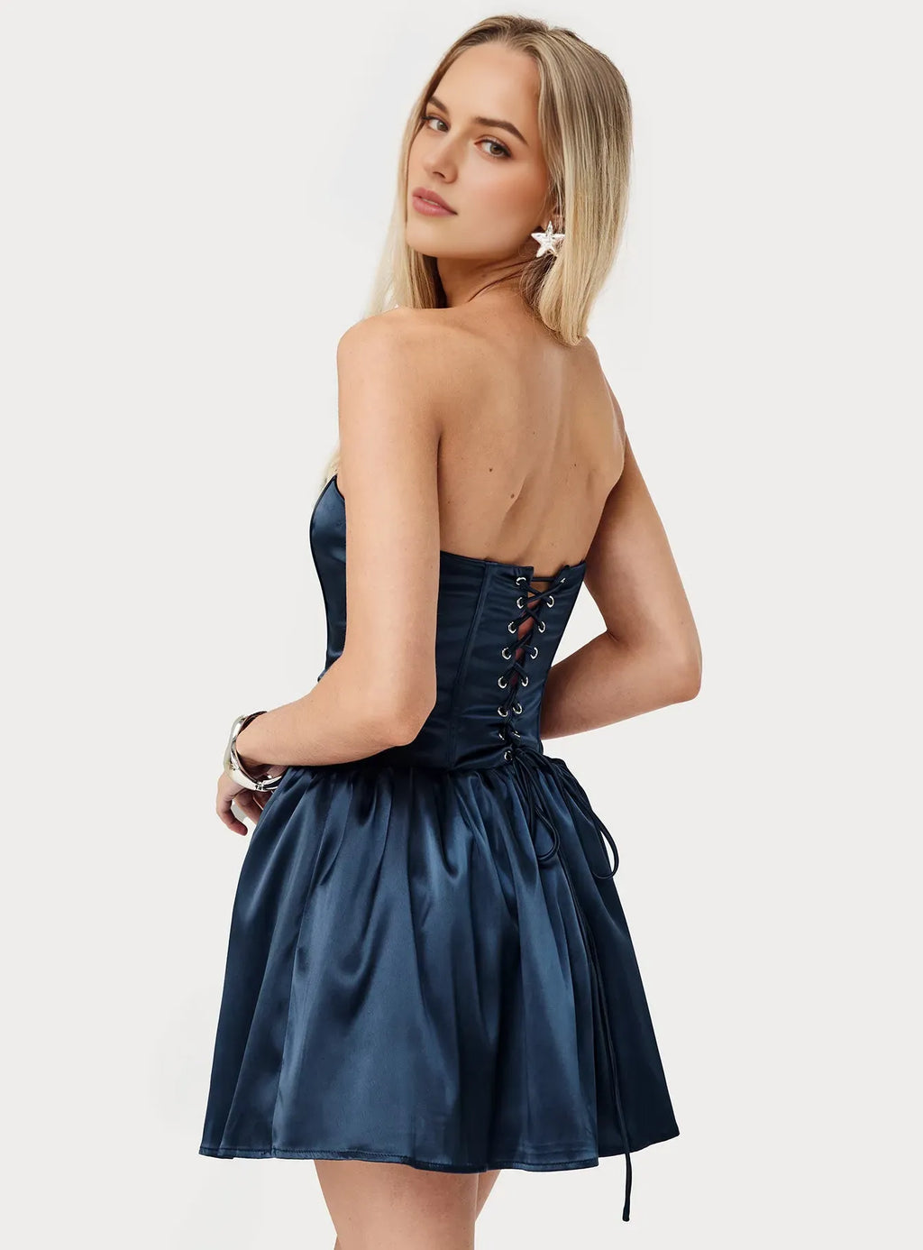 Navy Blue Strapless Homecoming Dress Flattering Fit Flare Silhouette for a Glamorous Dance Night Look