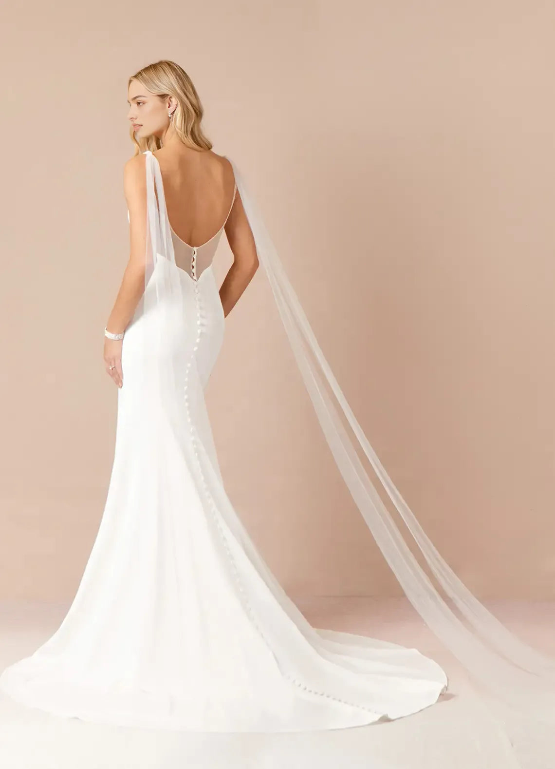White Mermaid Wedding Dresses Floor Length Attire with Cape Plunging V - Neck High Slit Mermaid Fit Detachable Drape