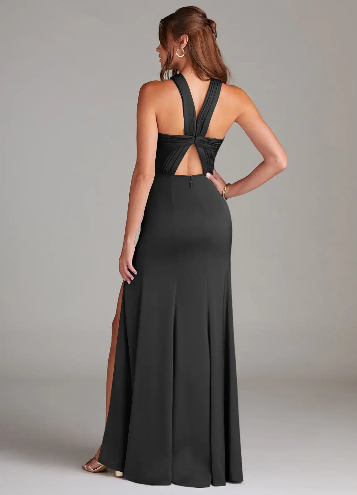 Timeless Special Occasion Sophisticated Graceful Elegant Black Halter Sleeveless Floor-Length Evening Dress