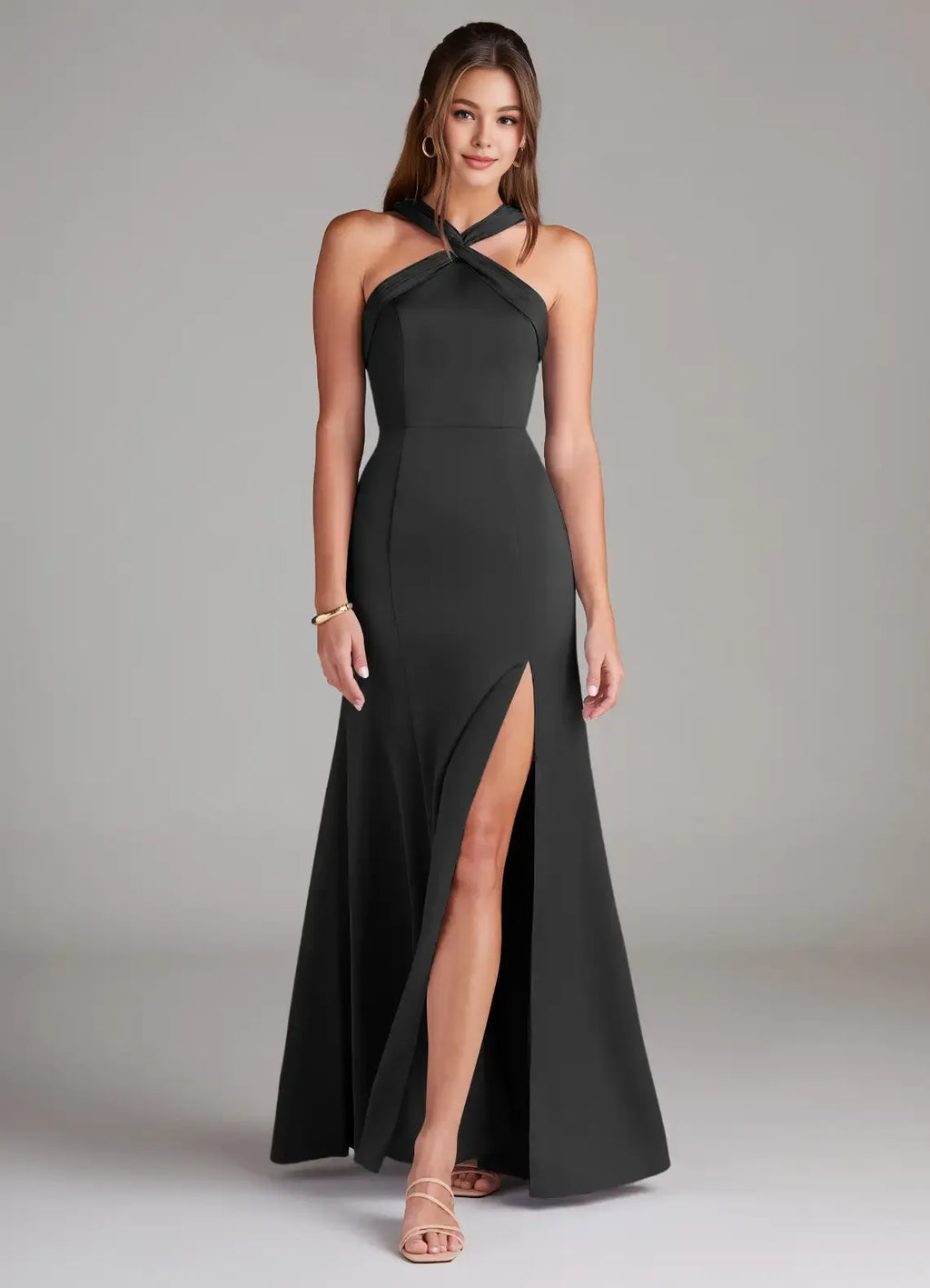 Timeless Special Occasion Sophisticated Graceful Elegant Black Halter Sleeveless Floor-Length Evening Dress