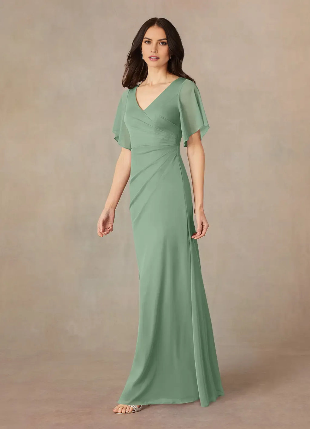 Sheath A-Line V-Neck Flutter-Sleeve Zip-Back Floor-Length Bridesmaid Mother of the Bride Dress