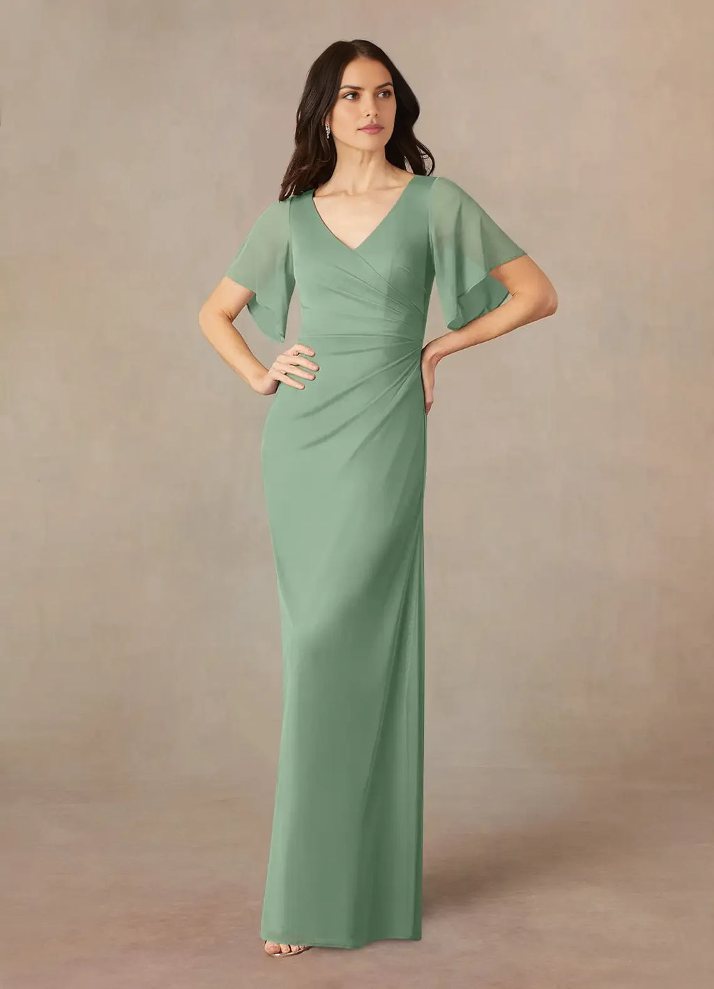 Sheath A-Line V-Neck Flutter-Sleeve Zip-Back Floor-Length Bridesmaid Mother of the Bride Dress