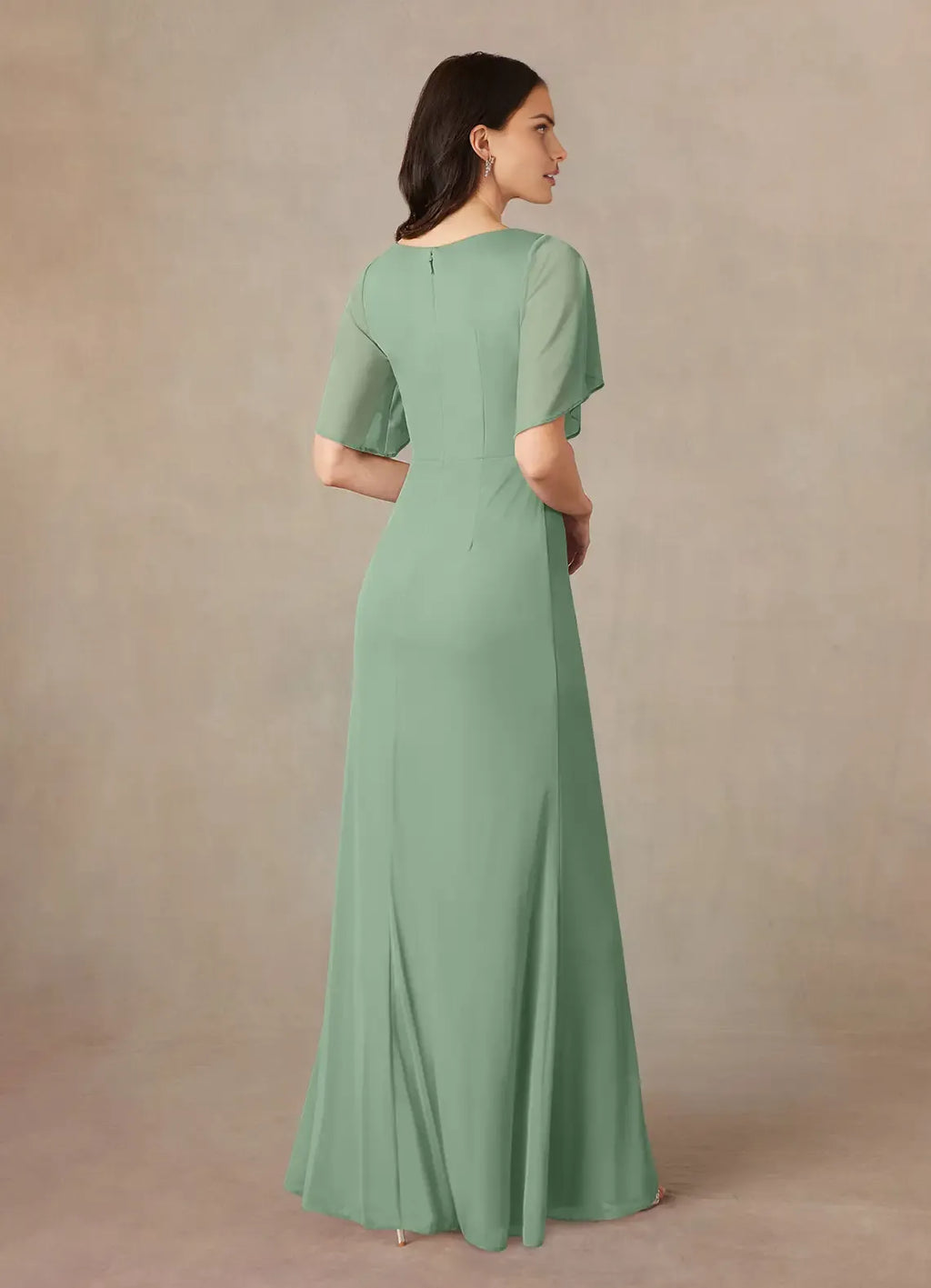 Sheath A-Line V-Neck Flutter-Sleeve Zip-Back Floor-Length Bridesmaid Mother of the Bride Dress