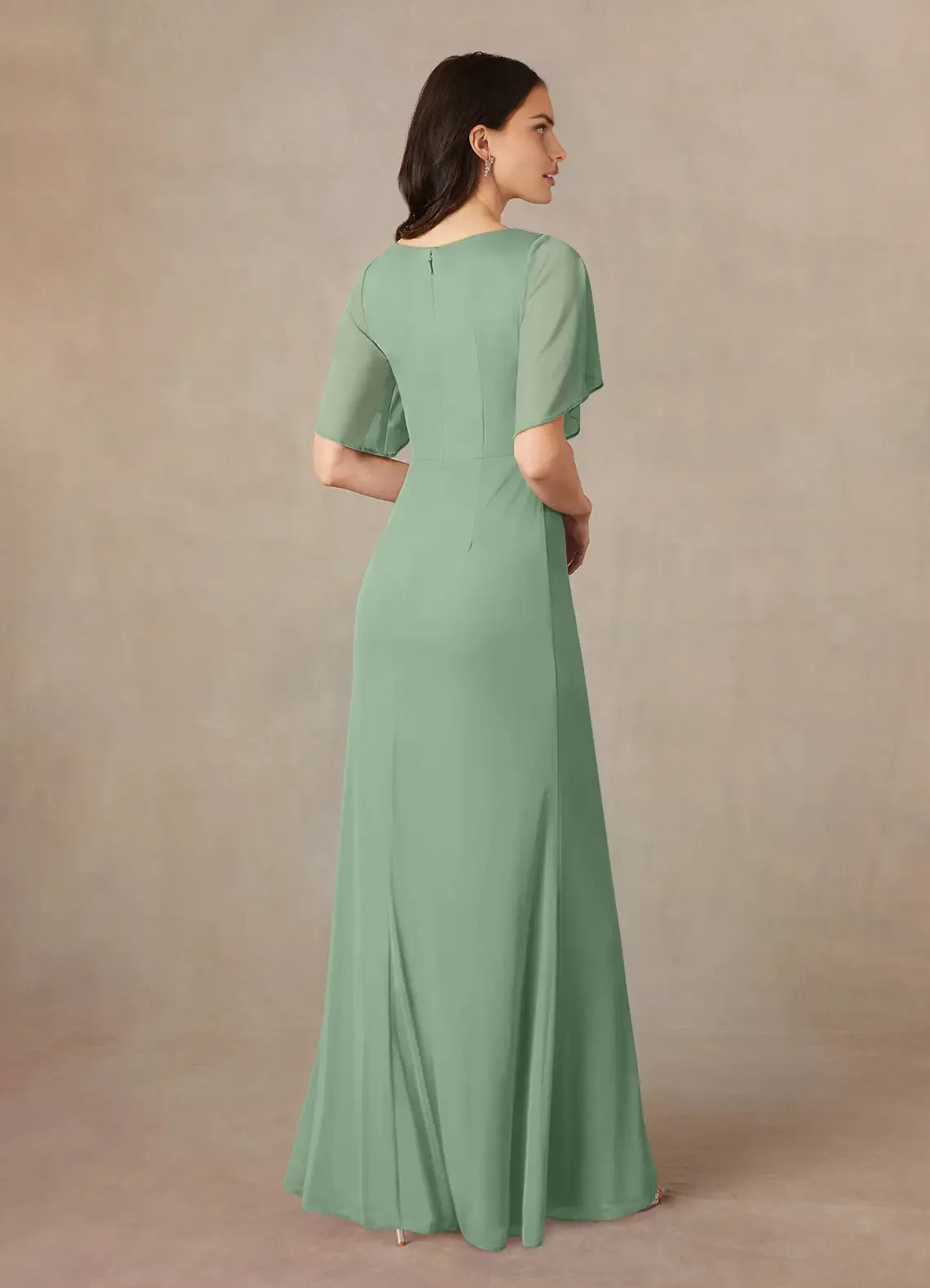 Sheath A-Line V-Neck Flutter-Sleeve Zip-Back Floor-Length Bridesmaid Mother of the Bride Dress