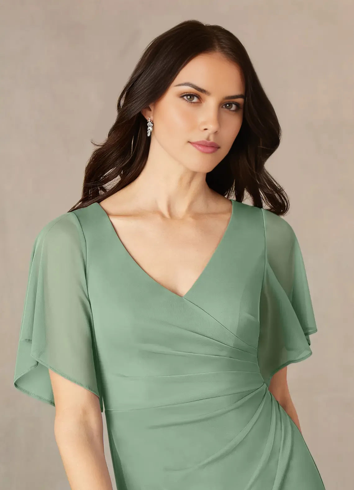 Sheath A-Line V-Neck Flutter-Sleeve Zip-Back Floor-Length Bridesmaid Mother of the Bride Dress