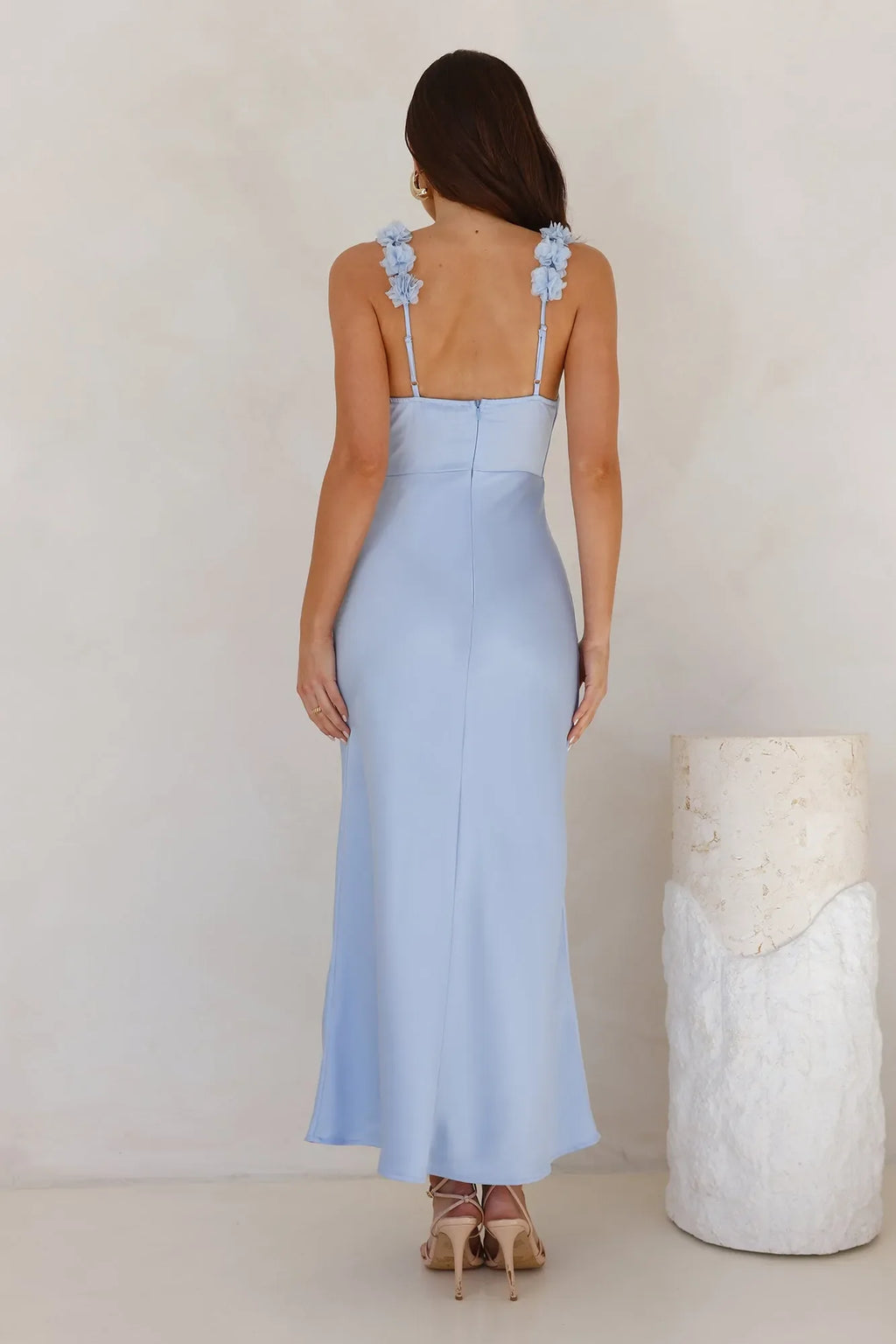 Blue Sheath Spaghetti Strap Sleeveless 3D Floral Back Zip Ankle-Length Prom Dresses
