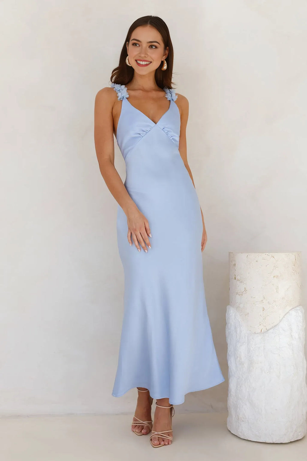Blue Sheath Spaghetti Strap Sleeveless 3D Floral Back Zip Ankle-Length Prom Dresses