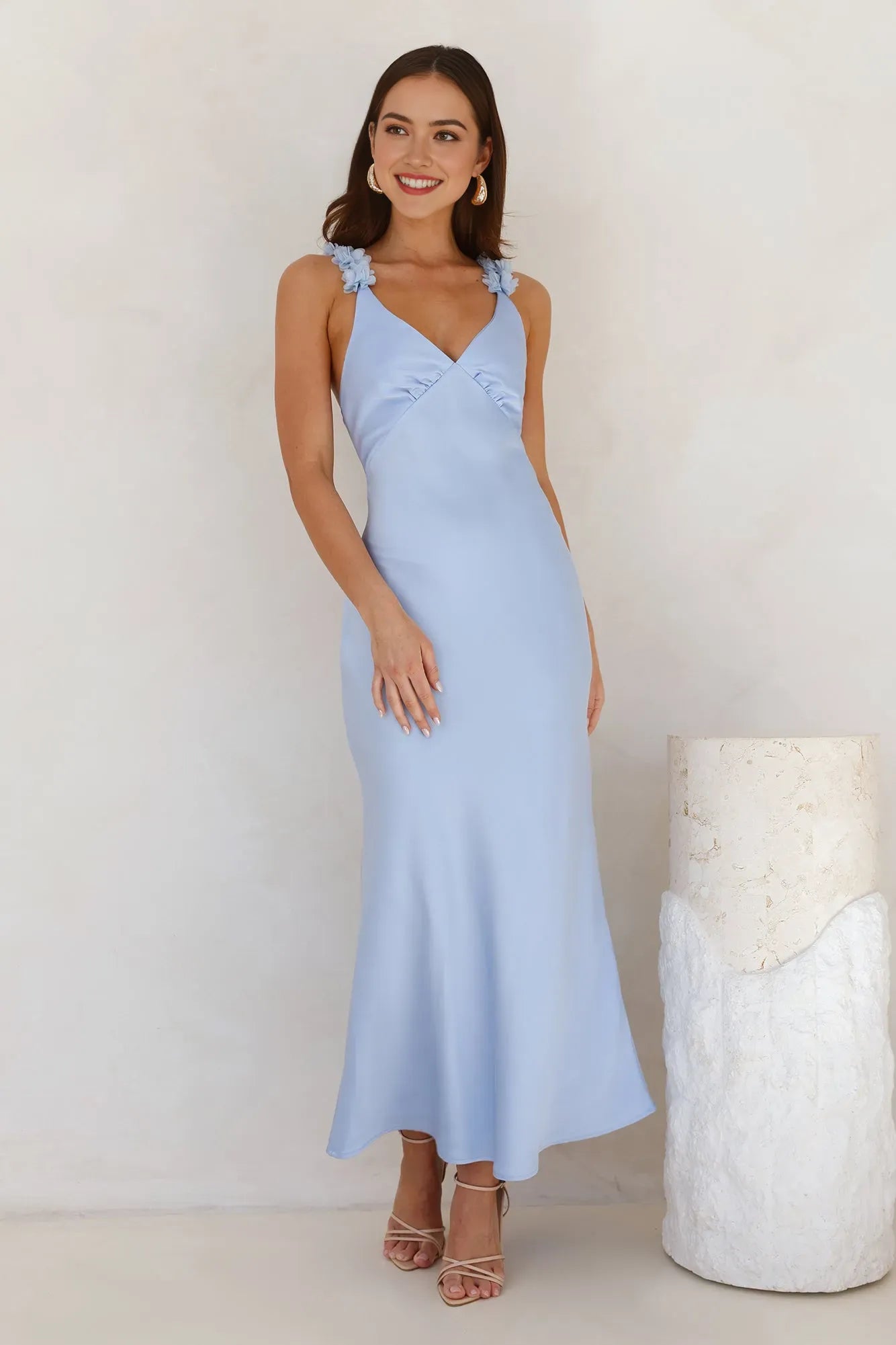 Blue Sheath Spaghetti Strap Sleeveless 3D Floral Back Zip Ankle-Length Prom Dresses