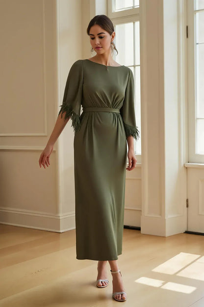 Elegant Olive Green Sheath Short Sleeve Short Mother of the Bride Dress