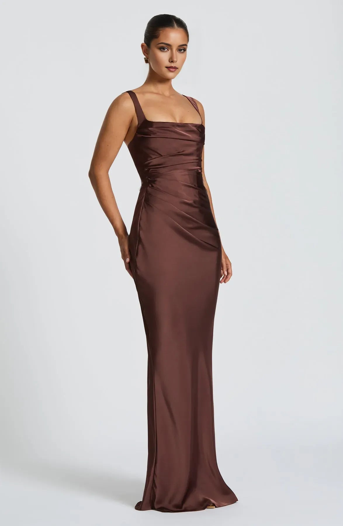 Brown Sheath Square Neck Sleeveless Pleated Up Floor -Length Prom Dresses women