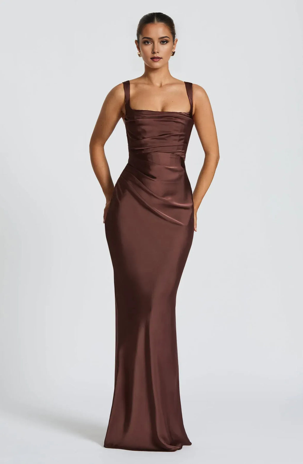 Brown Sheath Square Neck Sleeveless Pleated Up Floor -Length Prom Dresses women