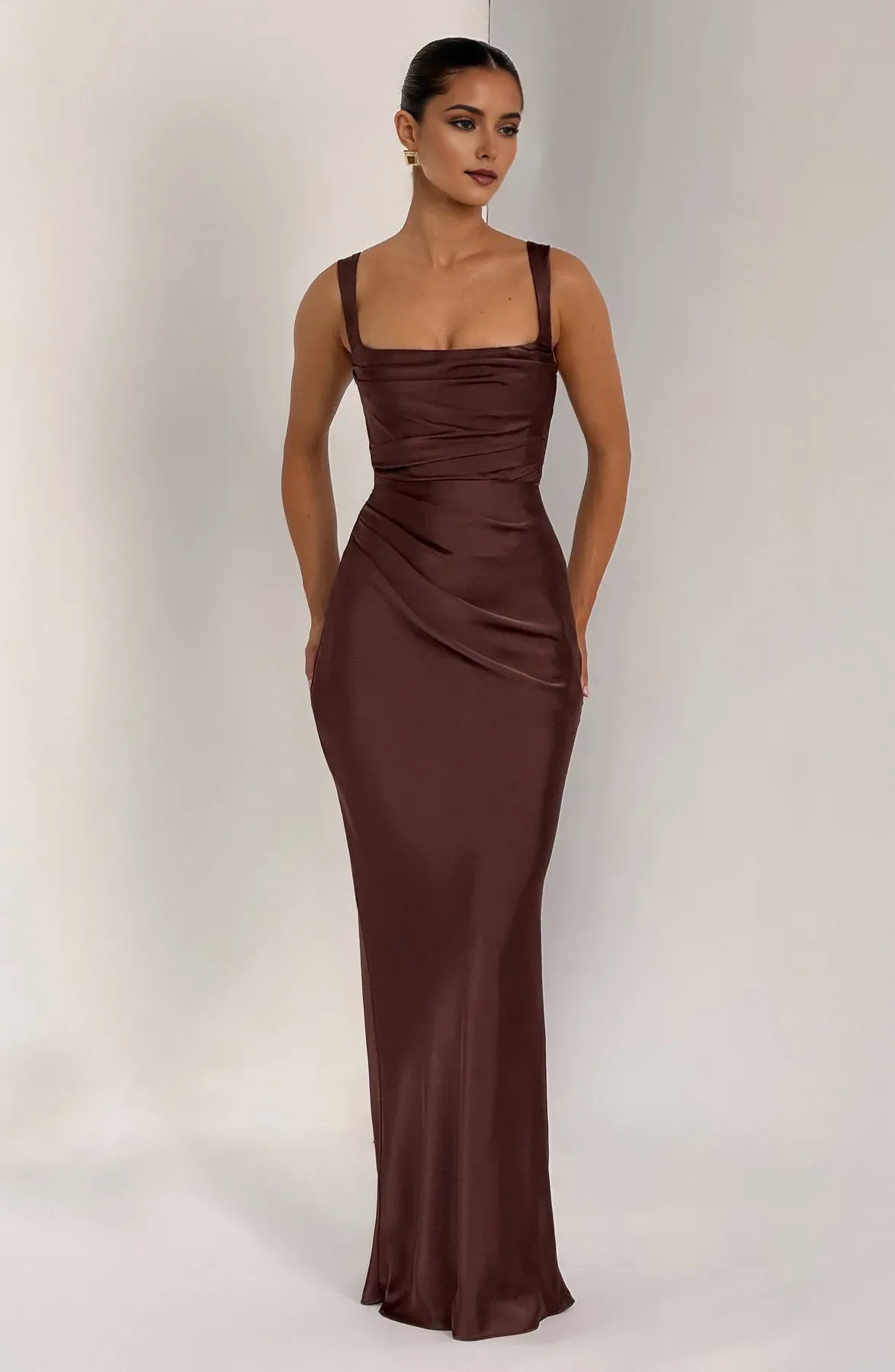 Brown Sheath Square Neck Sleeveless Pleated Up Floor -Length Prom Dresses women