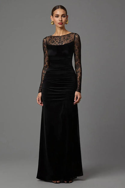 Special Occasion Sophisticated Elegant Black Velvet Sheath Illusion Long Sleeve Floor-Length Evening Dress