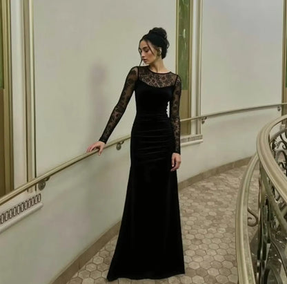 Special Occasion Sophisticated Elegant Black Velvet Sheath Illusion Long Sleeve Floor-Length Evening Dress