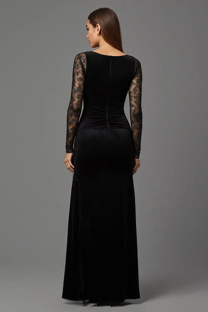 Special Occasion Sophisticated Elegant Black Velvet Sheath Illusion Long Sleeve Floor-Length Evening Dress