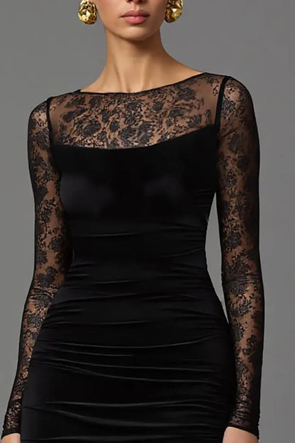Special Occasion Sophisticated Elegant Black Velvet Sheath Illusion Long Sleeve Floor-Length Evening Dress